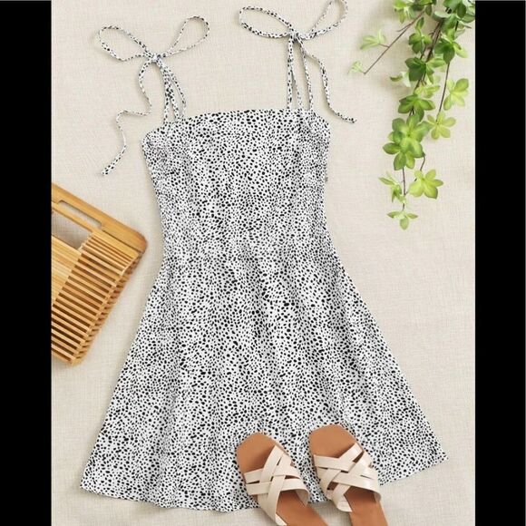 SHEIN Knot Strap Shirred Back Dalmatian Print Slip Dress - Picture 1 of 11
